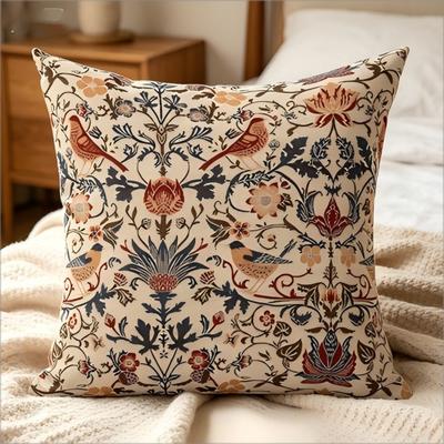 William Morris Style Bird Floral Print Throw Pillow Cover, Vintage Cottagecore Botanical Decorative Cushion