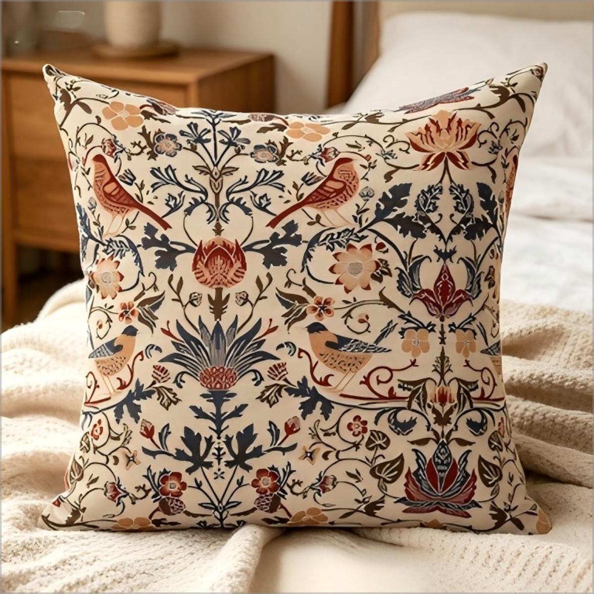 Exquisite Ornaments Unisex William Morris Style Bird Floral Print Throw Pillow Cover, Vintage Cottagecore Botanical Decorative Cushion