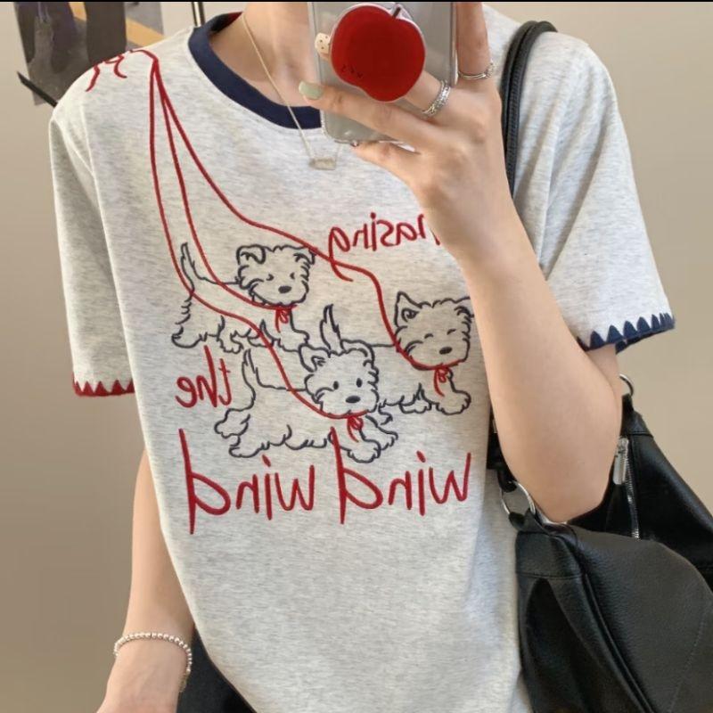 Koreańskie Damskie Koszulki z Krótkim Rękawem Casualowe Oversize z Haftem Kwiatowym Damskie T-shirty Moda Damska Bawełniana Koszulka biała y2k Topy