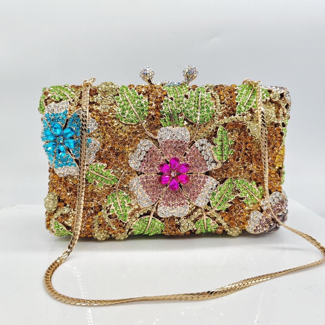 

Evening Flower Diamond Bags Hard Metal Green/Blue/Gold Clutch Purse Wedding Party Bag Rhinestone Handbags Women Formal Purse 20cmX12cmX5.5cm