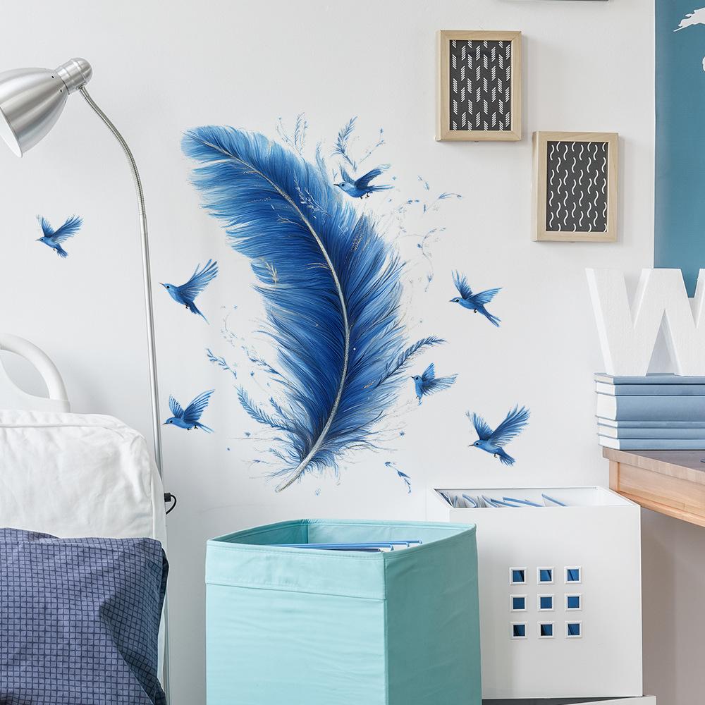 Simple Blue Feather Bird Bedroom Living Room Home Background Beautification Decoration Wall Stickers