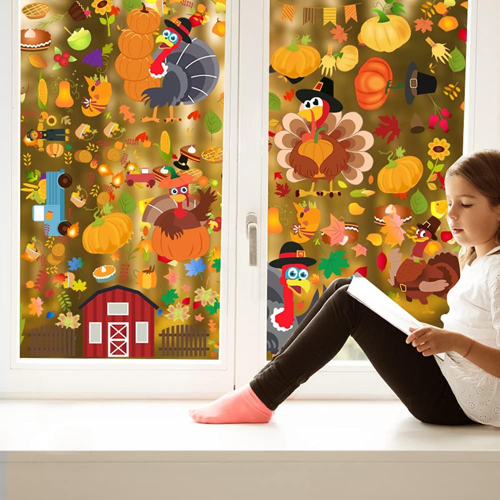 350pc Thanksgiving Window Clings Fall Window Stickers Decor for Offices Autumn Leaves Home School Office Thanksgiving Party Decorations Supplies