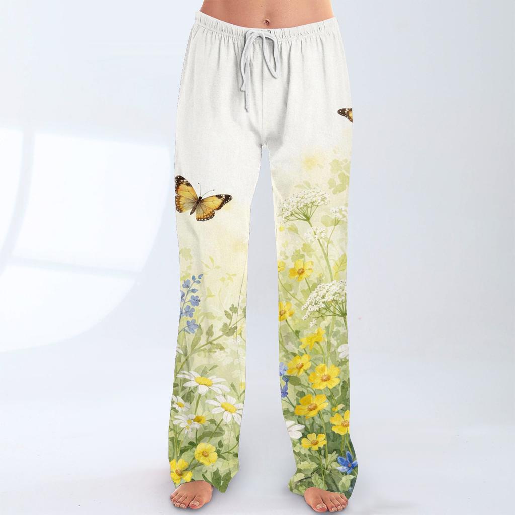 Pantalon Casual Imprimé à Taille Élastique à Cordon de Serrage, Coupe Ample pour Femme