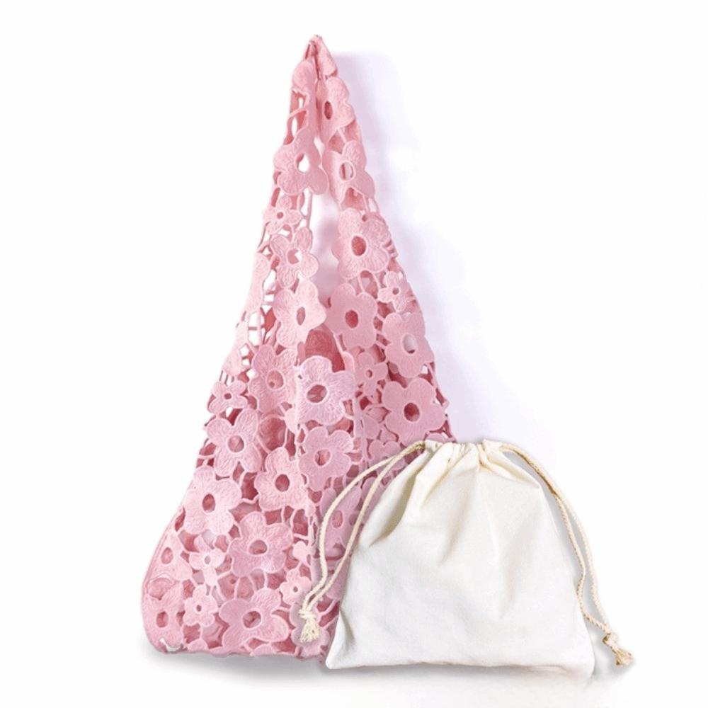Vintage Woven Flower Tote Bag Large Capacity Soft Hollow Out Embroidered Handbag Polyester Fiber Has Inner Pocket