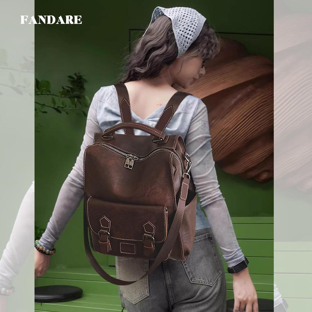 FANDARE Women's Leather Backpack, A4 Size, Business Backpack, Retro Style, 3-Way Design, Large Capacity, Stylish Faux Leather Backpack, Fits
