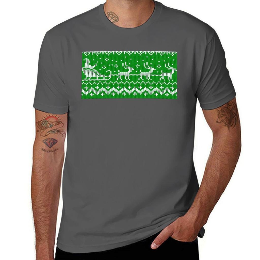 Green Ugly Sweater Pattern Santa Claus And Reindeer Tshirt Casual Daily Wear Short Sleeve Top