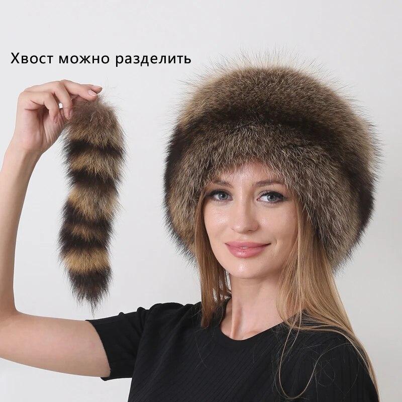 New Winter Hats for Women with Tail Fluffy Raccoon Outdoor Cozy Snow Round Hat