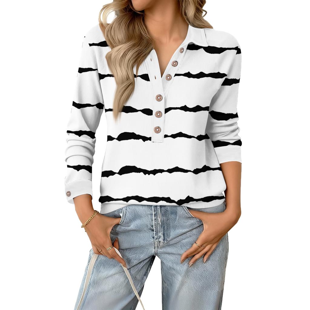 Women's Retro Street Lazy V,neck Long Sleeve Button Striped Pullover Top