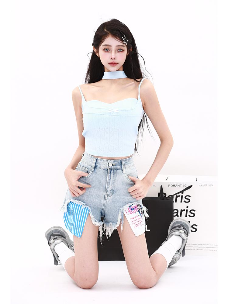 2024 Summer Retro Hot Girl A-line Loose Denim Shorts Office Lady Y2k Causal High-waist American Style Slim Shorts Korean Fashion