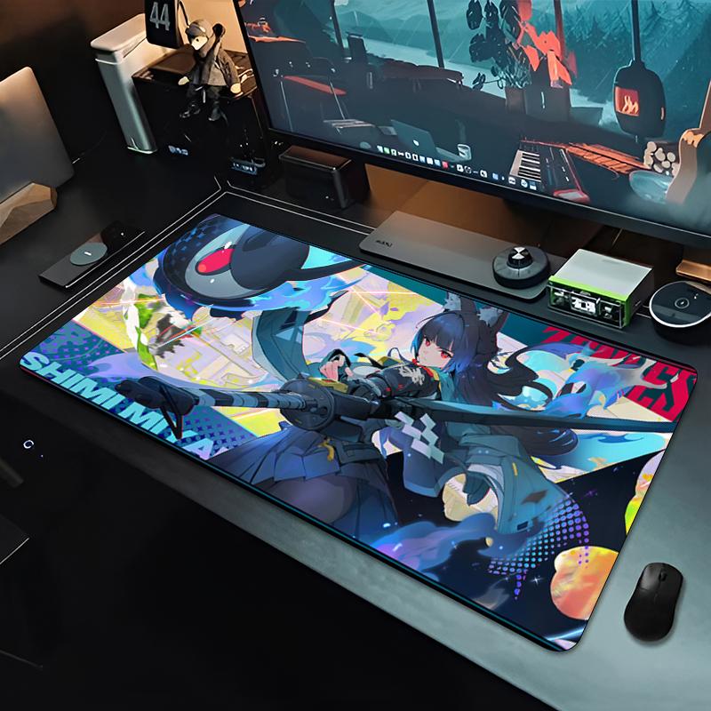 Gaming Mouse Pad Large Desk Mat Antislip Base Stitched Edges Cool Blue Anime Cat Girl Print for Gaming Office Desk Use