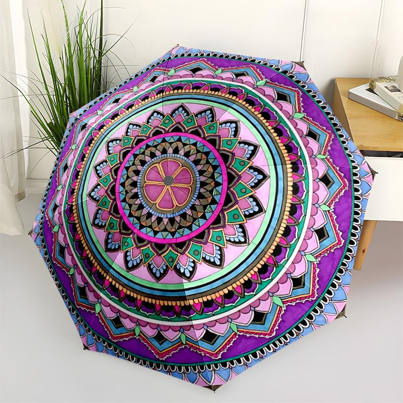 1pc Mandala Art Automatic Umbrella - Stylish, Durable, with 8-Rib Manual Open Design, Elegant Black Handleyy250920177
