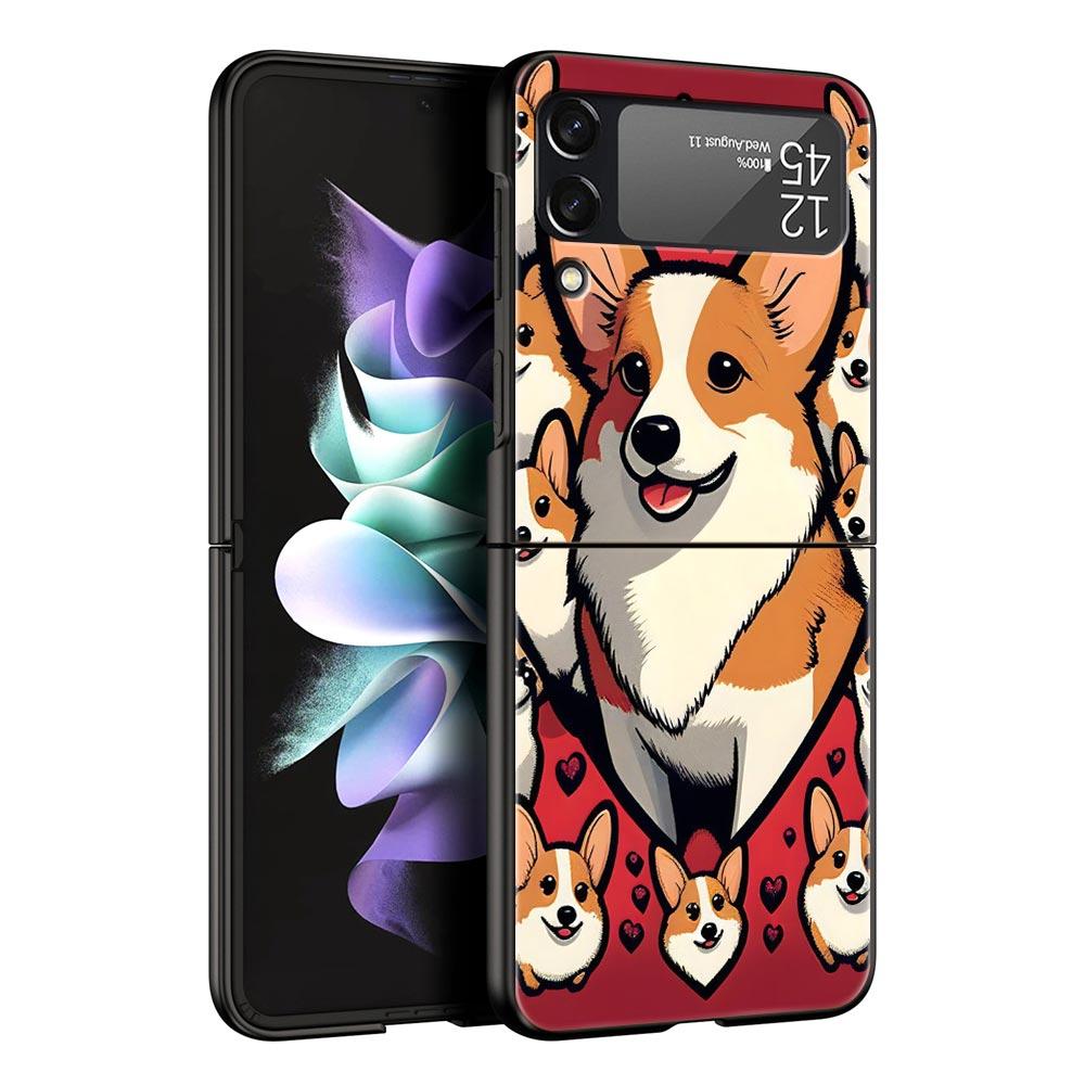 Cute Corgi Dog Hard PC Phone Case For Samsung Galaxy Z Flip 7 6 5 4 Black Cover For Galaxy Z Flip 3 Foldable Fundas Shell Capas