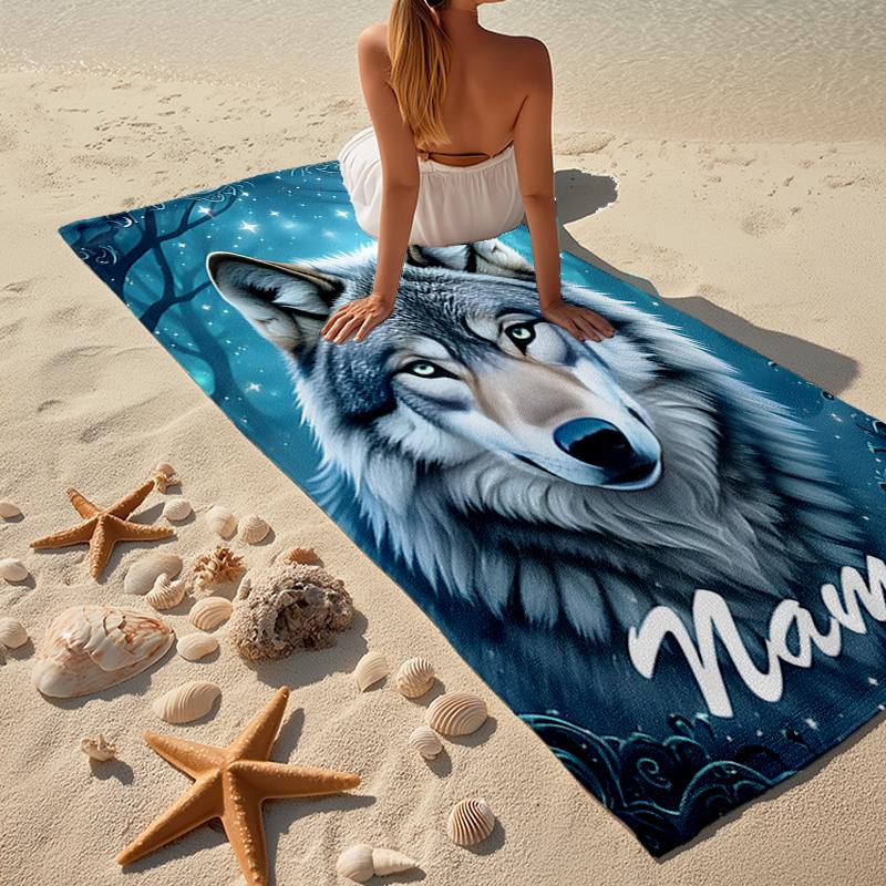 Custom Name Ultra-Soft Beach Towel with Wolf Theme,Ideal for Pool - Camping, Diving - Perfect Travel Essential, Vibrant Beach Towel.