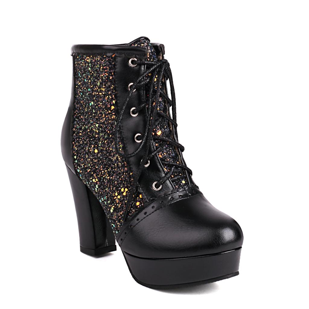 Women Ankle Boots Gold Silver Red Platform Shoes Elegant Studded Sequin Lace Up Autumn Winter Comfy Stable Chunky High Heels