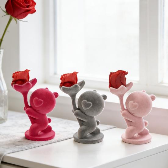 Valentine’s Day Bear Ornament with Preserved Rose Holding Eternal Flower Flocking Bear Decoration Wedding Anniversary