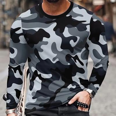 Camisetas de Hombre con Estampado Camuflaje de Pigmento, Camisetas de Manga Larga, Cuello Redondo, Jersey Casual, Ropa de Hombre, Talla Grande