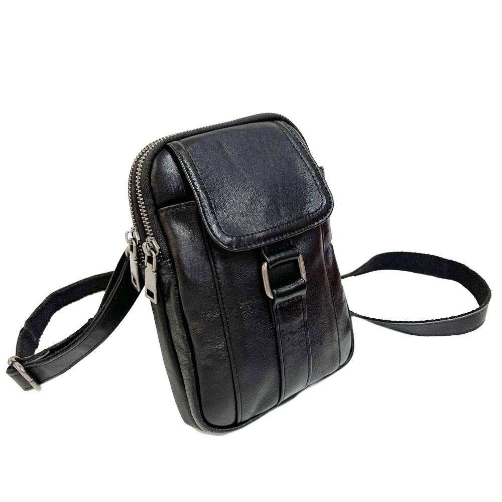 Men'S Genuine Leather Mobile Phone Bag Wearing Belt Waist Bag Multi-Function Shoulder Messenger Bag Black Cowhide Double Zipper Bag