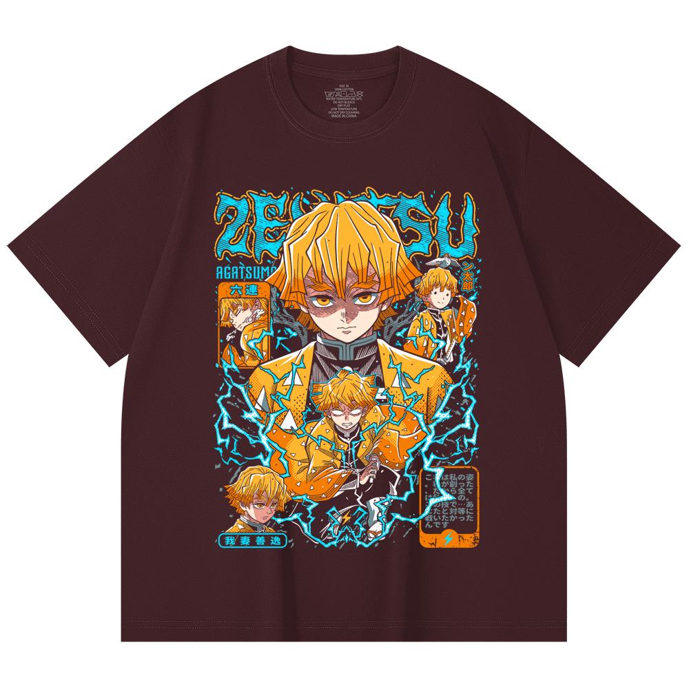 

230 Gsm 100% Cotton Demon Slayer V100 Zenitsu Print Unisex Heavy Cotton T Shirt 2XL вина червоного кольору