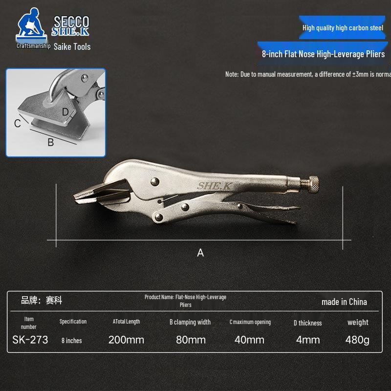 10-inch High Leverage Flat Nose Locking Pliers with Wide Mouth, Slip Joint, and Crimping Functions.