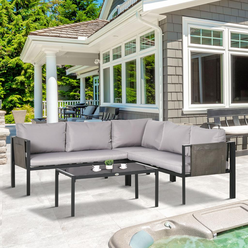 5 Seater Garden Corner Sofa Set, 4 Pieces Metal Garden Furniture Set with Loveseats, Glass Top Coffee Table, Breathable Mesh Pocket