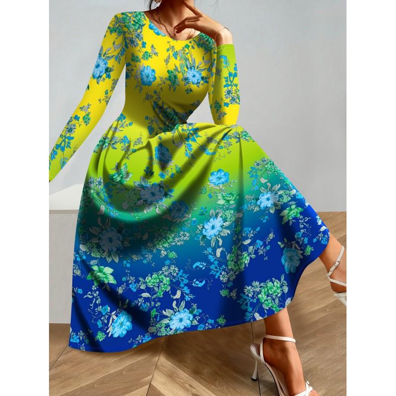 Womens Purple Floral Print Long Sleeve Maxi Dress - Elegant Party In Milk Silk Fabric