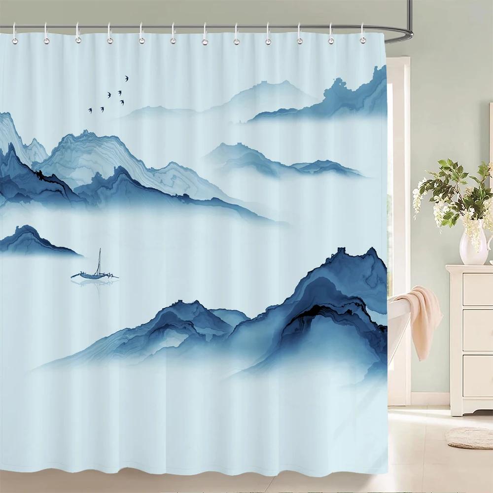 Japanese-style Forest Sun Moon Printed Fabric Shower Curtains landscape Waterproof Bathroom Curtain Bathroom Decor with 12 Hooks