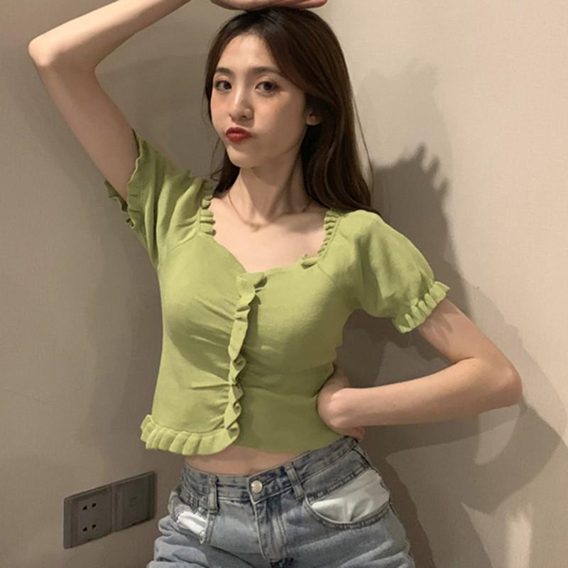 Women Solid Color Short Sleeved V Neck Slim Knitted Tops Summer Basic Wild Wind Tops