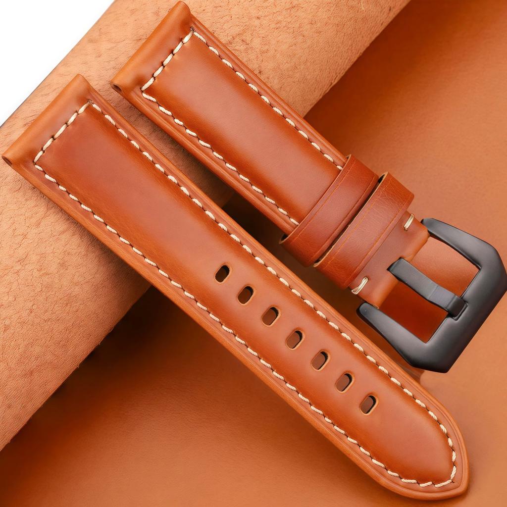 20mm 22mm 24mm 26mm First Layer Oil Wax Cowhide Padded Leather Watch Strap Screw-in Stainless Buckle Vintage Style Band