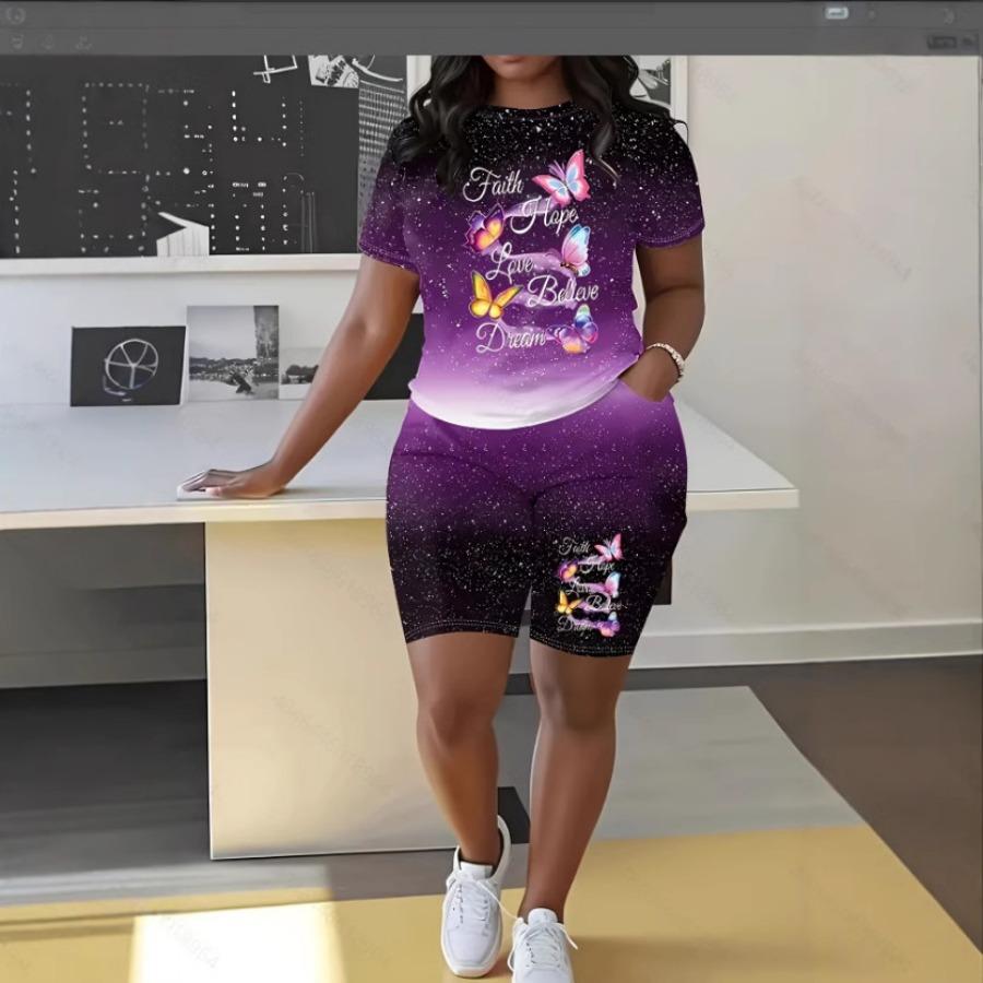 Fashion Casual Women's Shorts Short Sleeve Suit Gradient Letter Print Summer Suit T-shirt + Shorts 2 Pieces Sets