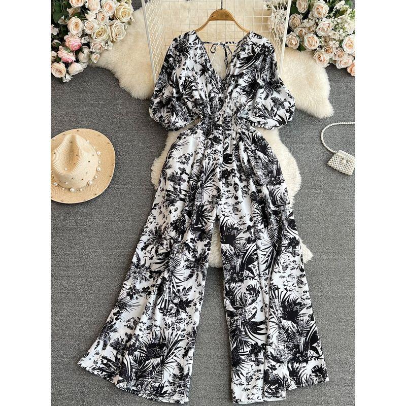 Gentle Bubble V-neck Casual High Waist Print Short Sleeve