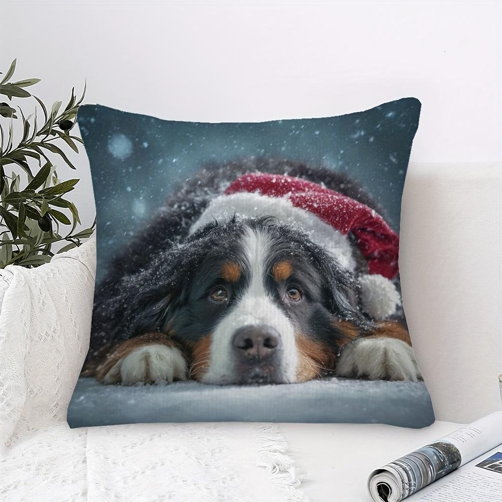 1 ks povlak na polštář s bernským salašnickým psem na Vánoce - plyšový potah na polštář Berner Dog se Santa Clausovou čepicí a sněhovým designem, 18x18 palců, měkký, dekorativní