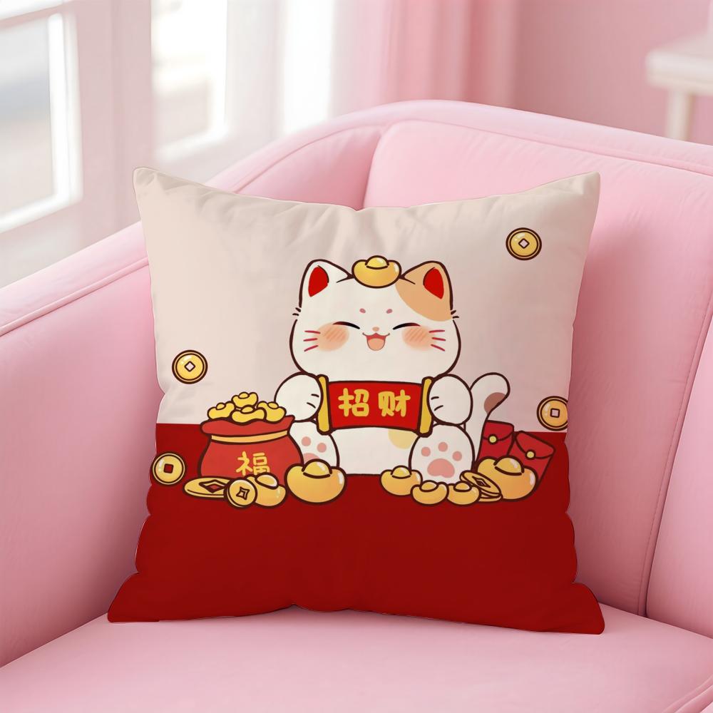 Rich Luck Maneki  neko Cushion Cover Linen Pillowcase Cover Soft Decor for Sofa Home Room