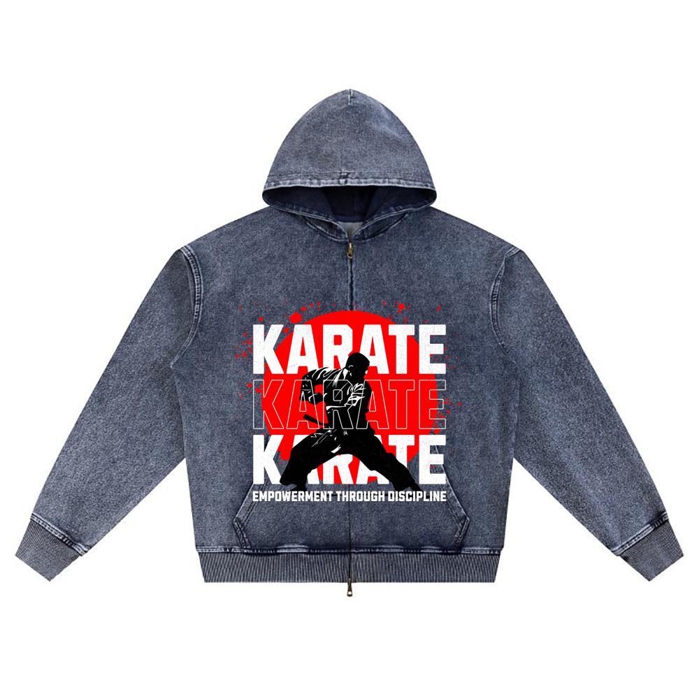 

DTG print Knitted Denim Zip-Up Hoodie Karate Brother Print Zipper Hoodies XL