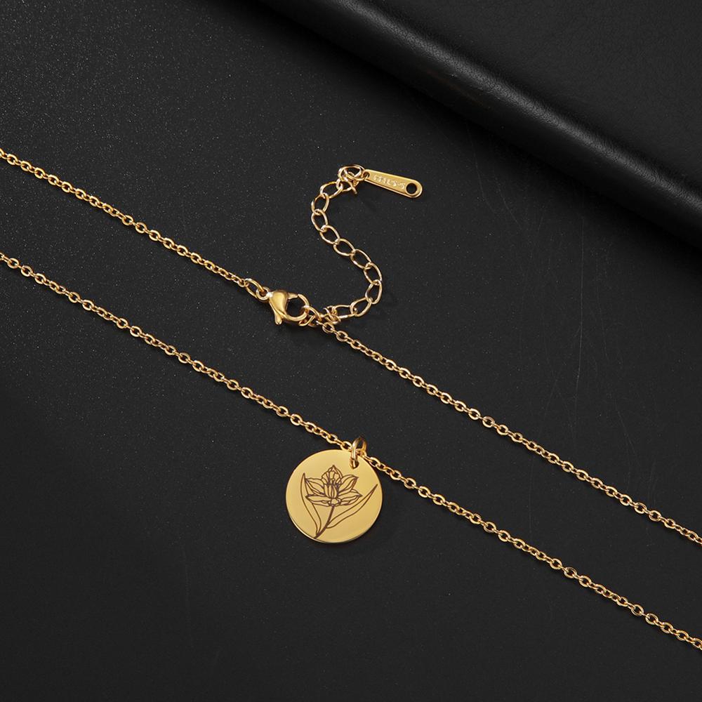 Teamer Stainless Steel Birth Month Flower Necklace Custom Name Round Pendant Necklace for Women Special Valentine Jewelry Gift