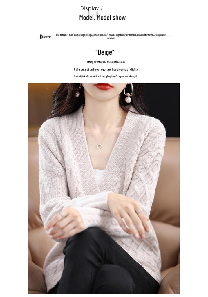 Stylish Retro V-neck 100% Pure Wool Cable Knit Cardigan Sweater