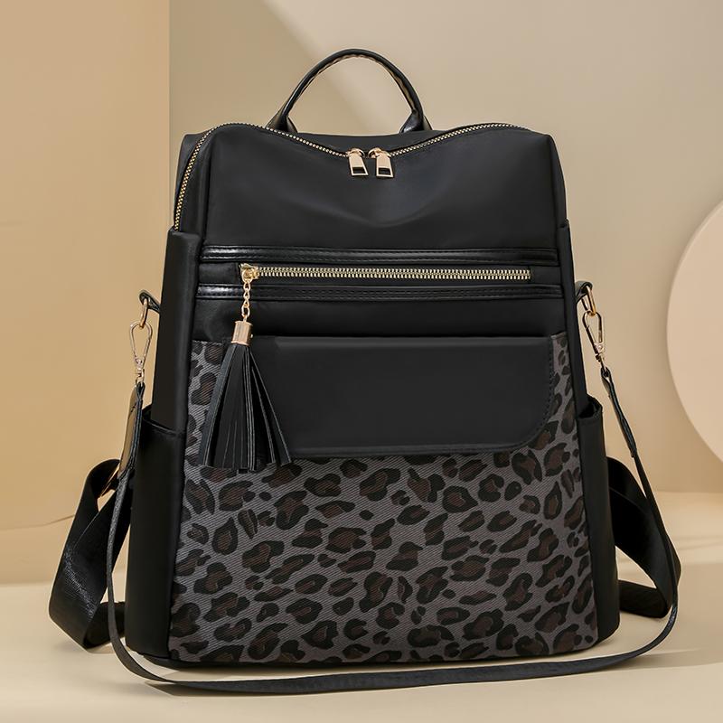 Patchwork Backpack Women's Leopard Print Backpack Large Capacity Schoolbag