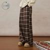 ZIHAN Women's Retro Coffee Plaid High-Waist Wide-Leg Pants