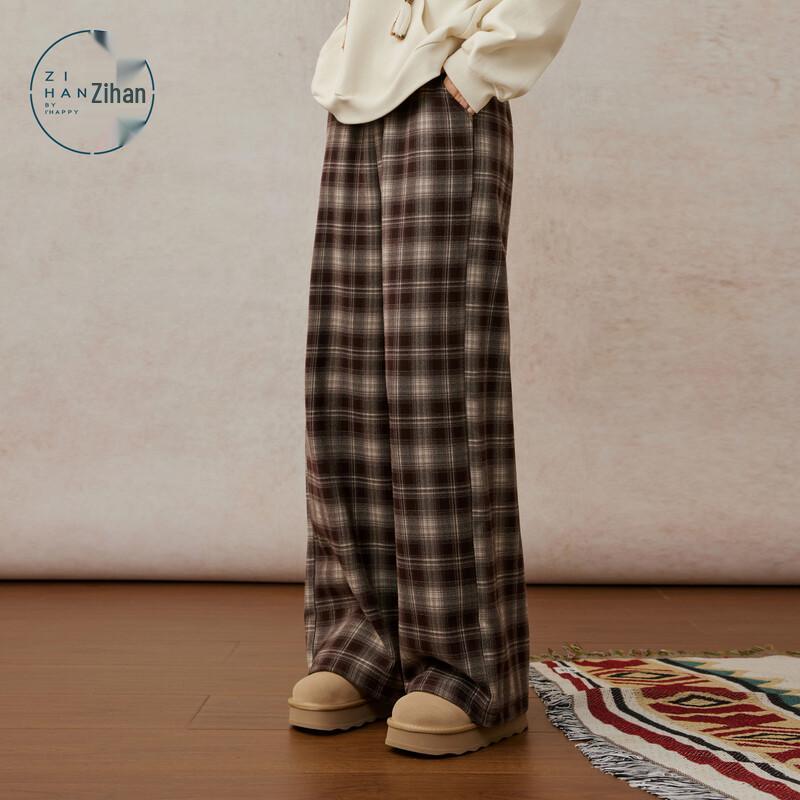 ZIHAN Women's Retro Coffee Plaid High-Waist Wide-Leg Pants