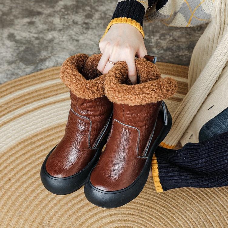 

Зимние теплые флисовые женские сапоги до середины икры, ботильоны из натуральной кожи, противоскользящая мягкая подошва, обувь для женщин среднего возраста на молнии сбоку 38 коричневый