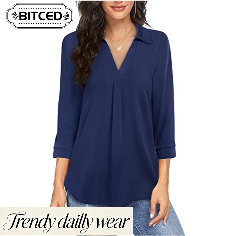 BITCED Women's Fashion Casual Solid Color Print Long Sleeve POLO Neck Blouses & Shirts