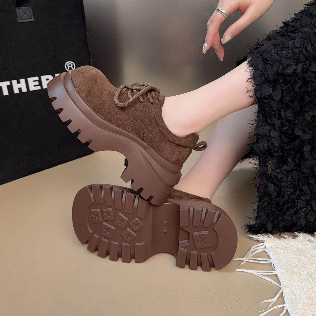 Platform loafers women's 2025 autumn new fashionable versatile simple British style lace-up round head casual small single shoes