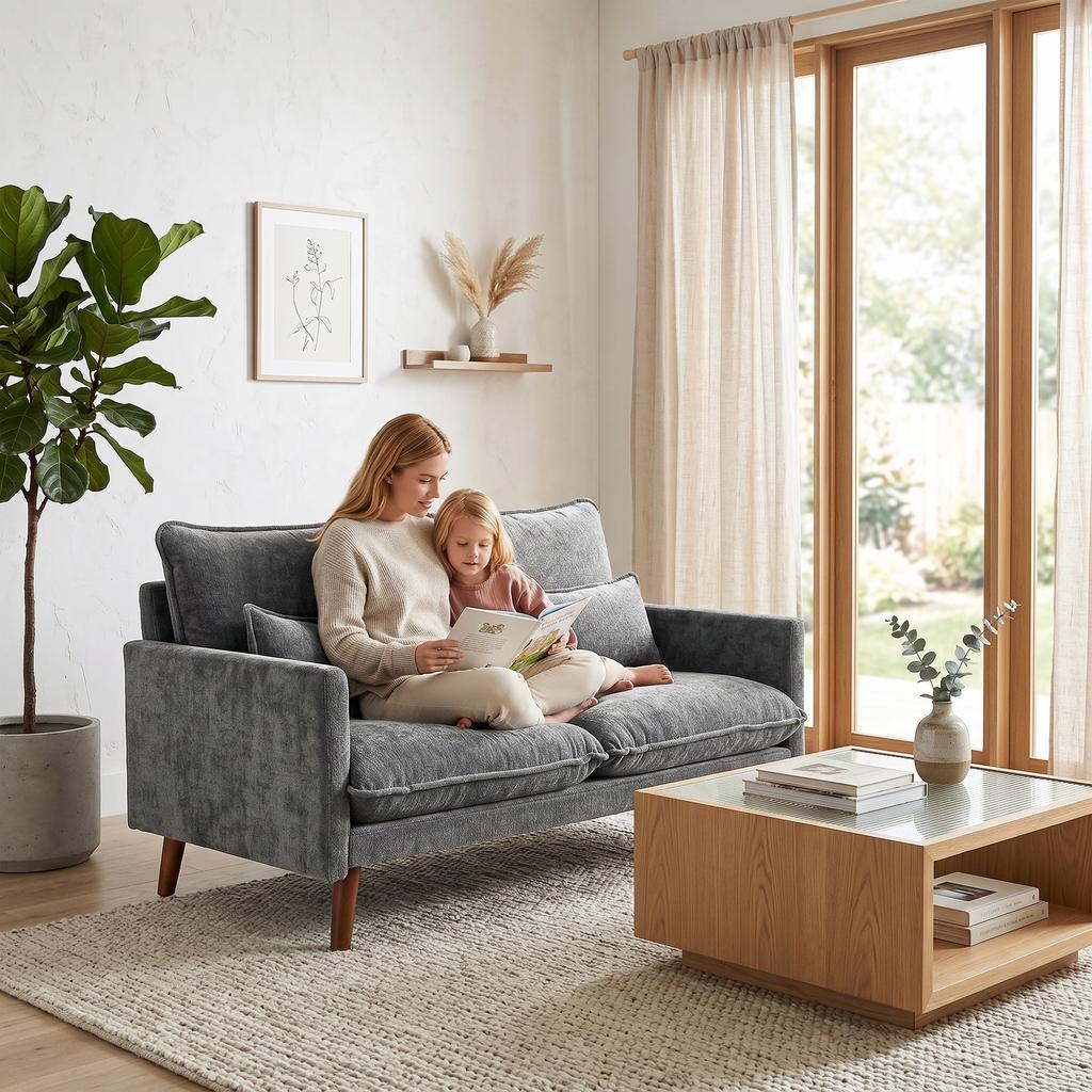 2 Seater Sofa Loveseat Sofa With Spring Cushions Wide And Deep Seat Wood Legs Grey
