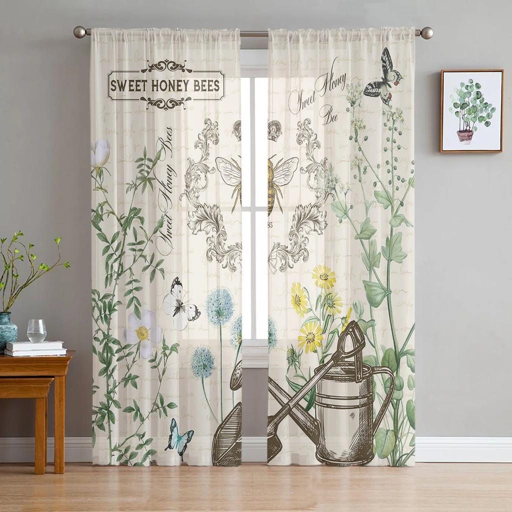 Modern Bee Azalea Retro Flower Tulle Curtains Living Room Bedroom Decoration Chiffon Voile Kitchen Window Curtain With Sheer Polyester Perfect For