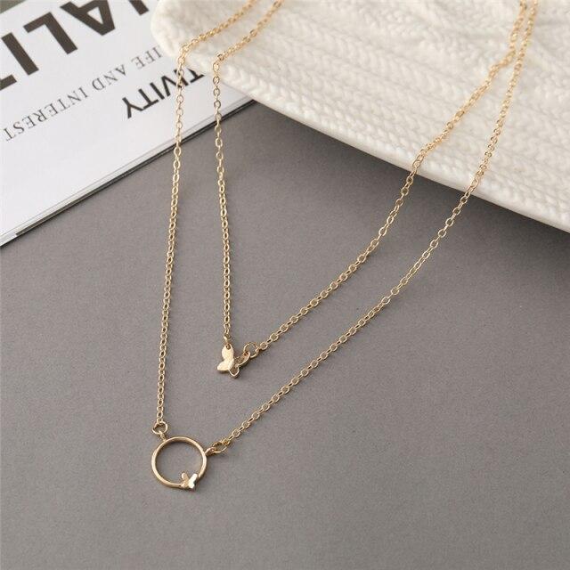 17KM Punk Gold Multilayered Necklace for Women Vintage Silver Color Geometric Round Pendant Necklaces Butterfly Choker Jewelry