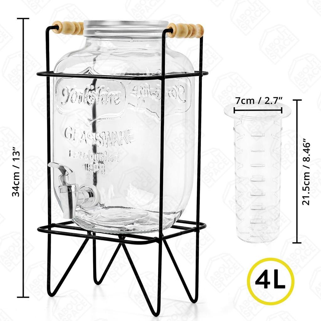 4 Litre Glass Water Dispenser with Stainless Steel Tap SS-304, Infuser & Stand - Air Tight Lid Detox Water Jar Mason Jar