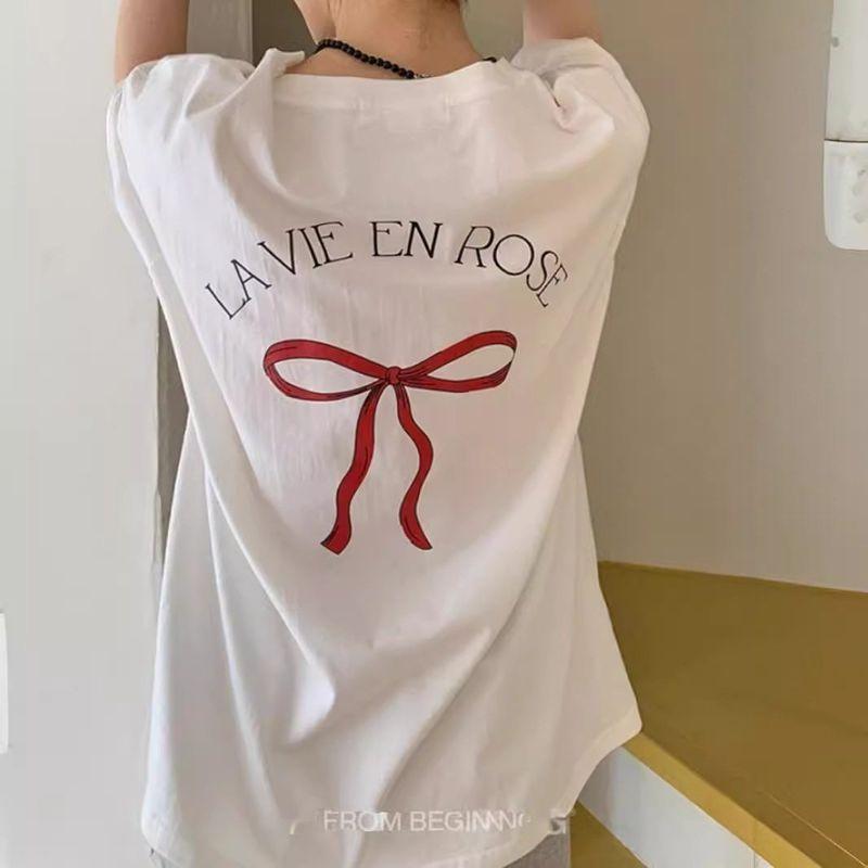 

Plus-Size Women s Korean Dongdaemun Design with Bow Print on the Back, Loose Fit, Extra Large Size 1.0-150kg Short-Sleeve T-Shirt White XL [Recommended 115-130]