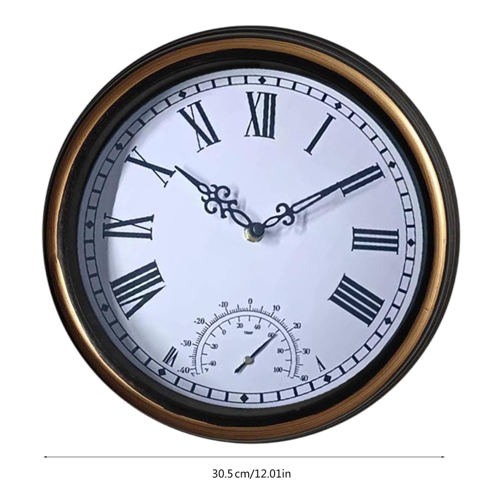 12in Outdoor Wall Clock with Thermometer Garden Waterproof Clock for Livingrooms Kitchen Office Bathroom Bedroom Decors
