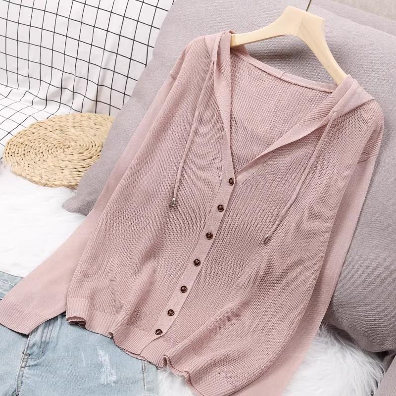 Summer Ice Silk Knitted Open Cardigan Women's Hooded Top Thin Hollow Short Sun Protection Outerwear Korean Style