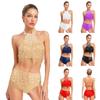 Dámský taneční outfit Samba Halterový průsvitný síťovaný crop top Třásňové spodní prádlo Šortky Třpytivé kamínky Kostým na břišní tanec