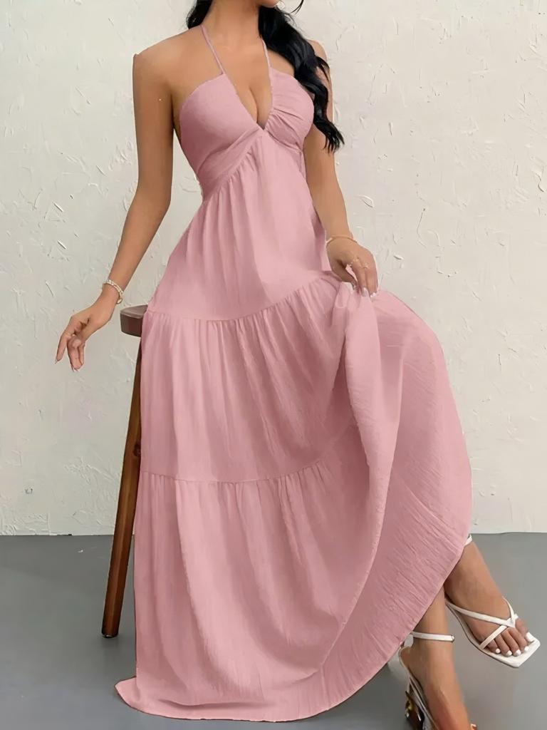 European and American Summer New Tube Top Sexy Backless Suspender Straps Seaside Vacation Casual Solid Color Neck Dress Women
